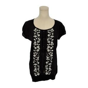 Annabelle Blouse Black Floral Embroidered Smocked Hem Button Front Large